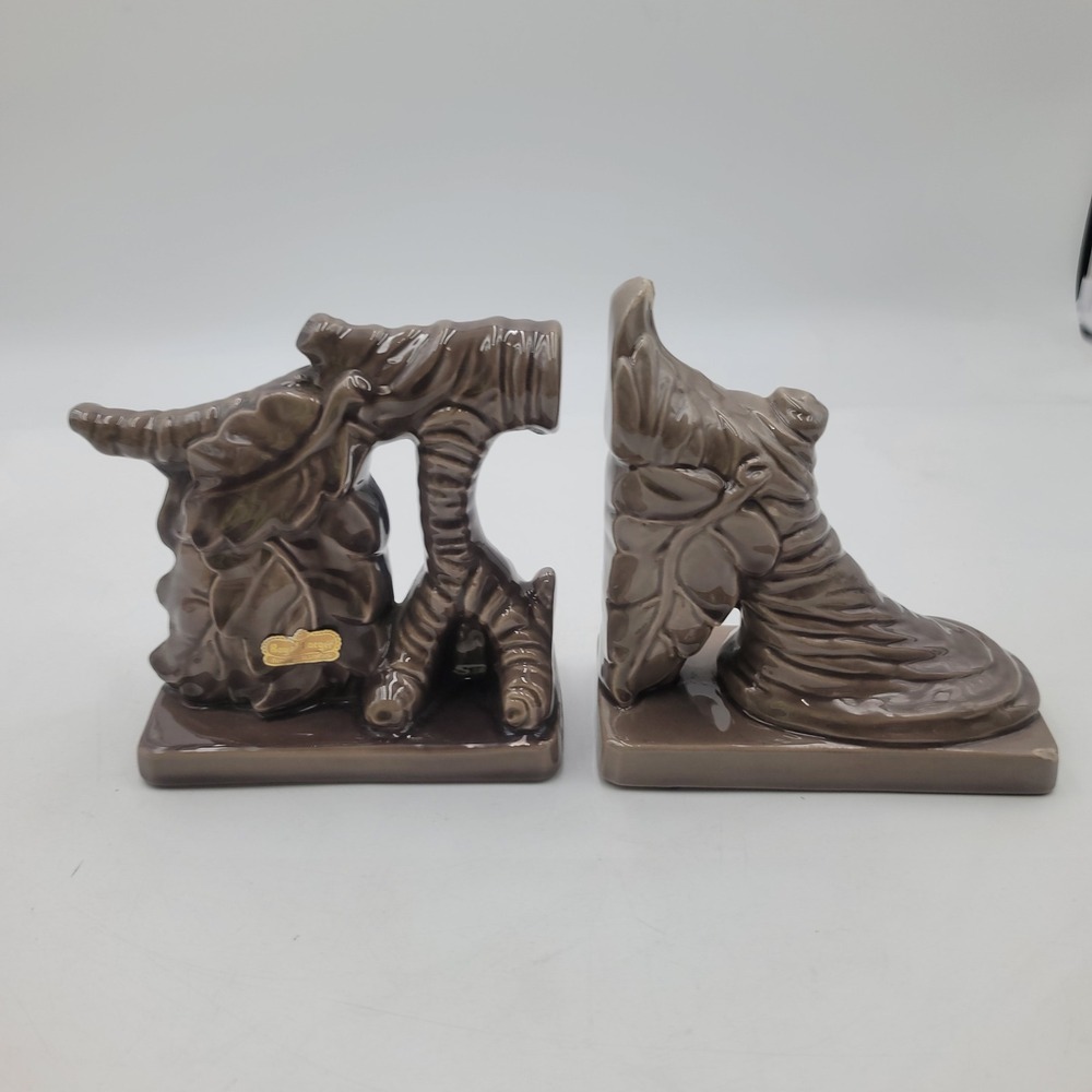Vintage Royal Haeger Brown Glazed Ceramic Tree Bark Leaf Bookends Set of 2